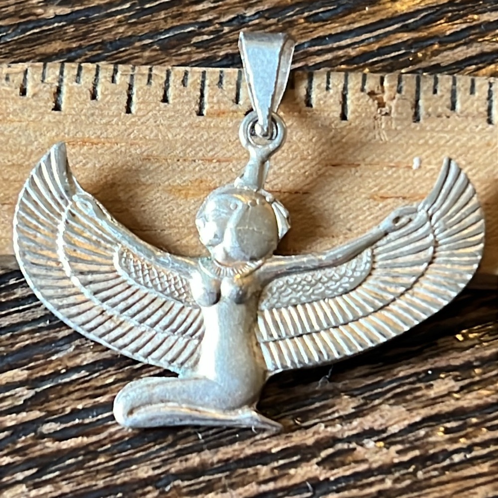 Vintage Stamped Sterling Silver Winged Egyptian Goddess Pendant